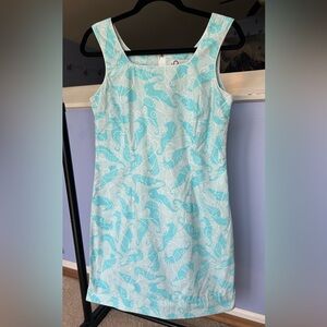 Vintage Lily Pulitzer Blue & White Seahorse Print Sleeveless Krista Shift Dress